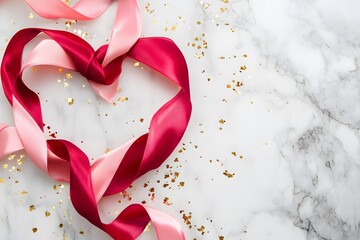 red ribbon heart and pink satin ribbon create romantic decoration with love concept, valentine’s day theme and elegant background with marble texture