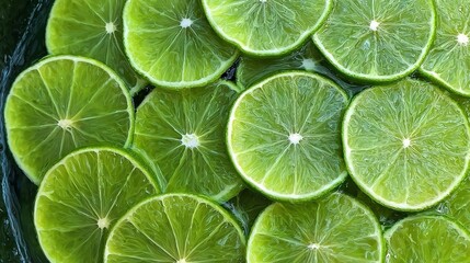 Fresh lime slices neatly arranged in layered composition on dark background, showcasing vibrant green edges, translucent juicy flesh texture, natural gloss refreshing aesthetic in clean minimal style