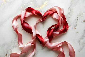 red ribbon heart and pink satin ribbon create romantic decoration with love concept, valentine’s day theme and elegant background with marble texture