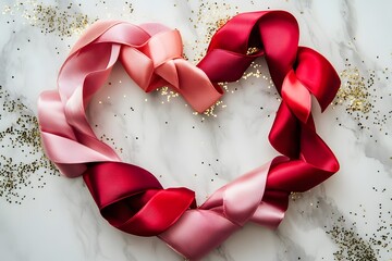 red ribbon heart and pink satin ribbon create romantic decoration with love concept, valentine’s day theme and elegant background with marble texture