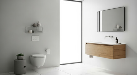 Modern Minimalist Bathroom Design with Natural Wood Vanity and Large Window