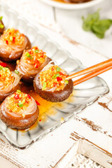 Steamed Shiitake Mushrooms Stuffed with Vermicelli Noodles Asian Appetizer Dish