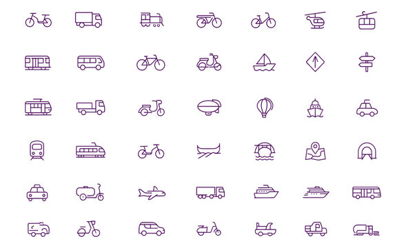 Transportation vector icon set, adjustable stroke outline collection of car, bus, train, truck, bike, scooter, motorcycle, ship, airplane, helicopter, gondola, subway, monorail, tourism, travel symbol