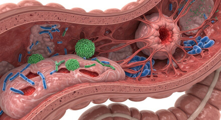 Microscopic view of the intestinal tract showing inflammation and immune response