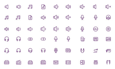 Audio icon set, sound symbol pack, music, speaker, microphone, headset, earphones, professional studio recorder, mixer, analog digital device, adjustable line weight, linear outline stroke