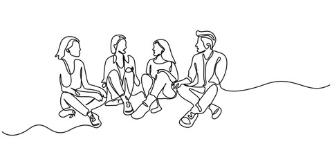 Group of young people sitting on ground together and talking. Friends rest and communicate. Continuous line art drawing stylem, Friends Group Continuous One Line Drawing. People Talking Minimalistic. © line drawing