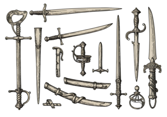 Collection Of Antique Sword And Blades Illustration On Isolated Background