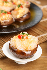 Roasted Mushroom Caps Stuffed with Garlic Vermicelli Noodles on White Plate