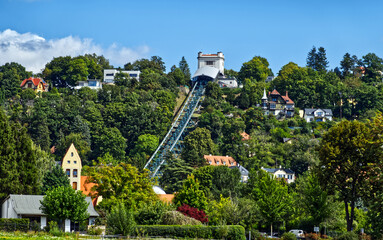 Dresden funicular railway climbing verdant hillside, carrying passengers toward panoramic loschwitz scenic viewpoint