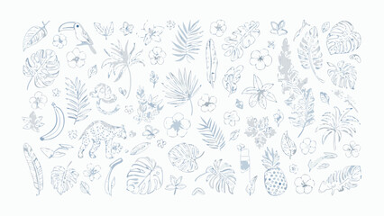Fototapeta premium Hand drawn tropical elements collection with animals and plants