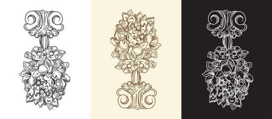Set of vintage hand drawing vector design element hanging bouquet