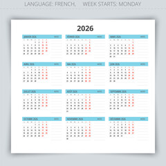 2026 french calendar for 12 months with space for notes. Vector year illustration for France