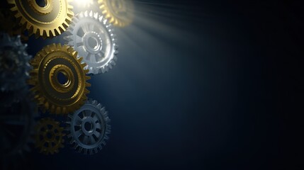 Abstract mechanical concept with floating gear shapes in metallic gold silver tones against deep blue gradient background