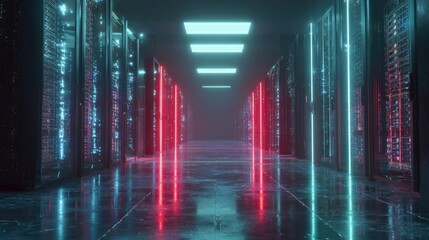 Futuristic data center corridor with glowing neon lights and rows of server racks, abstract technology background symbolizing cloud, network and security