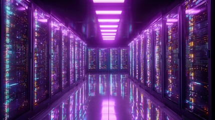 Futuristic data center corridor with glowing neon lights and rows of server racks, abstract technology background symbolizing cloud, network and security