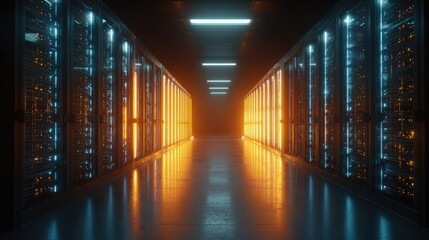 Futuristic data center corridor with glowing neon lights and rows of server racks, abstract technology background symbolizing cloud, network and security
