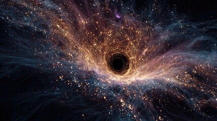 Abstract black hole in deep space with glowing cosmic particles and swirling energy, futuristic astronomy background symbolizing gravity, mystery and universe