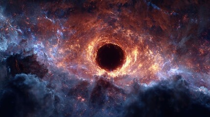 Abstract black hole in deep space with glowing cosmic particles and swirling energy, futuristic astronomy background symbolizing gravity, mystery and universe