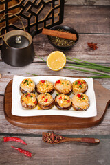 Stuffed Shiitake Mushrooms with Vermicelli and Garlic Sauce Asian Appetizer Dish