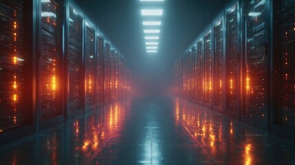 Futuristic data center corridor with glowing neon lights and rows of server racks, abstract technology background symbolizing cloud, network and security