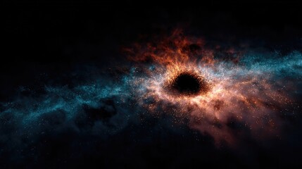 Abstract black hole in deep space with glowing cosmic particles and swirling energy, futuristic astronomy background symbolizing gravity, mystery and universe