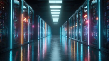 Futuristic data center corridor with glowing neon lights and rows of server racks, abstract technology background symbolizing cloud, network and security