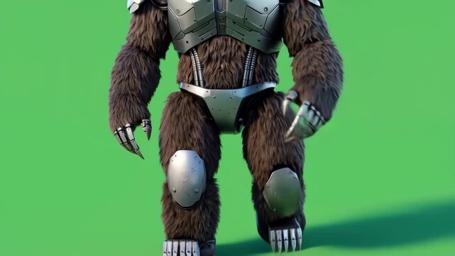 Robotic bear standing up and walking forward, futuristic animal cyborg motion on green screen, full screen zoom out view mechanical creature animation