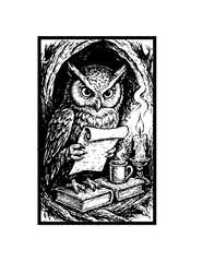 Mystical Gothic Owl with Scroll, Books, Candle, and Coffee – Dark Academia Vector Illustration
