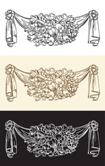 Set of vintage hand drawing symmetrical drapery with flowers