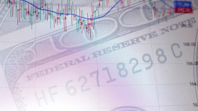 Candlestick trading chart against key symbols on US banknotes, concept of a rapidly changing currency or commodity market.