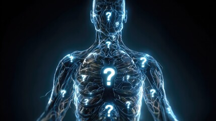 Futuristic digital human figure with glowing question marks inside abstract network structure, concept of artificial intelligence, uncertainty and knowledge