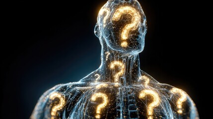 Futuristic digital human figure with glowing question marks inside abstract network structure, concept of artificial intelligence, uncertainty and knowledge