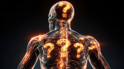 Futuristic digital human figure with glowing question marks inside abstract network structure, concept of artificial intelligence, uncertainty and knowledge