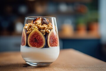 Healthy fig parfait with granola and yogurt in glass on wooden table. Natural breakfast or snack with fresh fruit, concept of clean eating, nutrition and wholesome lifestyle