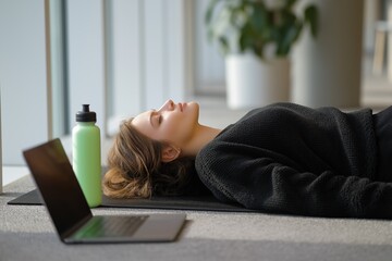 Young woman resting on yoga mat next to laptop and water bottle in office. Tired professional taking mindful break, concept of wellness, burnout recovery and work-life balance.