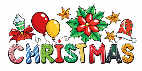 Festive Christmas word art with balloons poinsettia and Santa hat holiday celebration