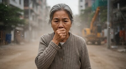 Senior Woman Coughing in Polluted Urban Environment
