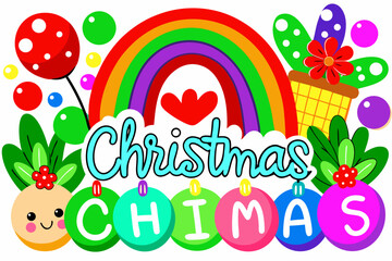 Obraz premium Whimsical Christmas text with rainbow and festive ornaments on white background holiday lettering