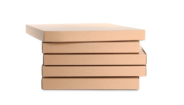 Stack of pizza boxes against white background