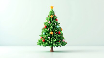 Whimsical Christmas Tree with Ornaments and Star on Soft Blue Background
