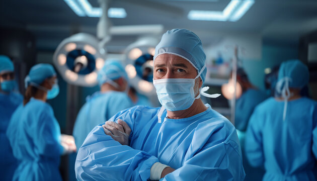 Experienced surgeon man portrait ready for surgery in operating room. Medical professional wearing protective gear. Healthcare and surgery concept.