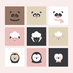 Set of cards with domestic and wild animals. Cat, sheep, bear, penguin and dog heads, animal faces icon set. Cute banners with characters isolated on white background.