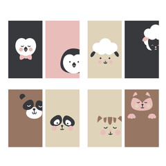 Set of eight cards with domestic and wild animals. Cat, sheep; bear; penguin and dog heads, animal faces icon set. Cute banners with characters isolated on white background.