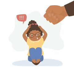 Domestic violence. Child abuse, bullying kids in corner. Little african american girl fighting from giant fist, protecting from abuse and domestic violence.