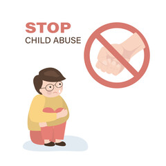 Fist in red stop circle, forbidden. No threatens and aggression small boy. Protect child from danger stop domestic violence and aggression. Stop child abuse, bullying, harassment.