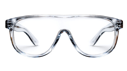 A close up shot of clear plastic safety glasses on a white background