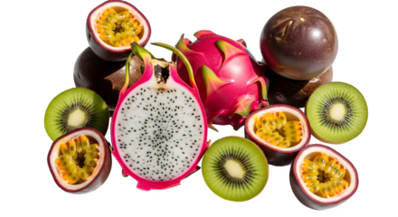 Exotic fruit isolated on transparent background, a vibrant mix of tropical flavors, including dragon fruit, passion fruit, kiwi, and coconut