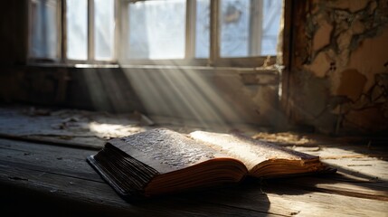 Discover forgotten wisdom in an ancient book bathed in sunlight streaming through aged windows, inspiring reflection and historical connection