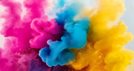 Bursting triad of vibrant powder clouds billowing outward in studio space, mixing pink blue yellow - Powered by Adobe
