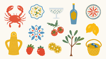 Collection of mediterranean food and decorative elements